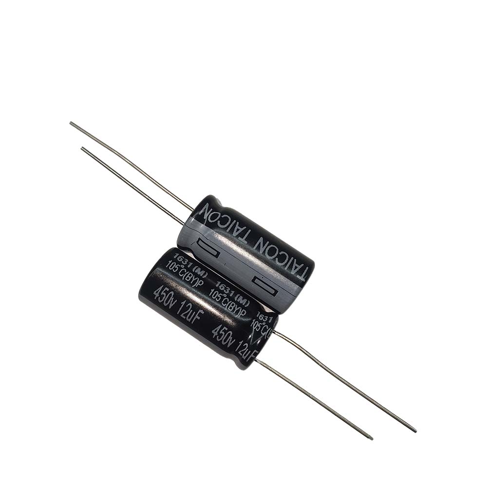 12uf-450v-TAICON-BYy خازن الکترولیتی 12uF / 450V مارک TAICON P(BY) سایز 10mmx20mm - تصویر 1