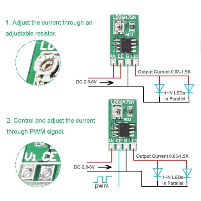 ماژول درایور LED جریان ثابت 30mA تا 1.5A با کنترل PWM مدل LD06AJSA - Image 3